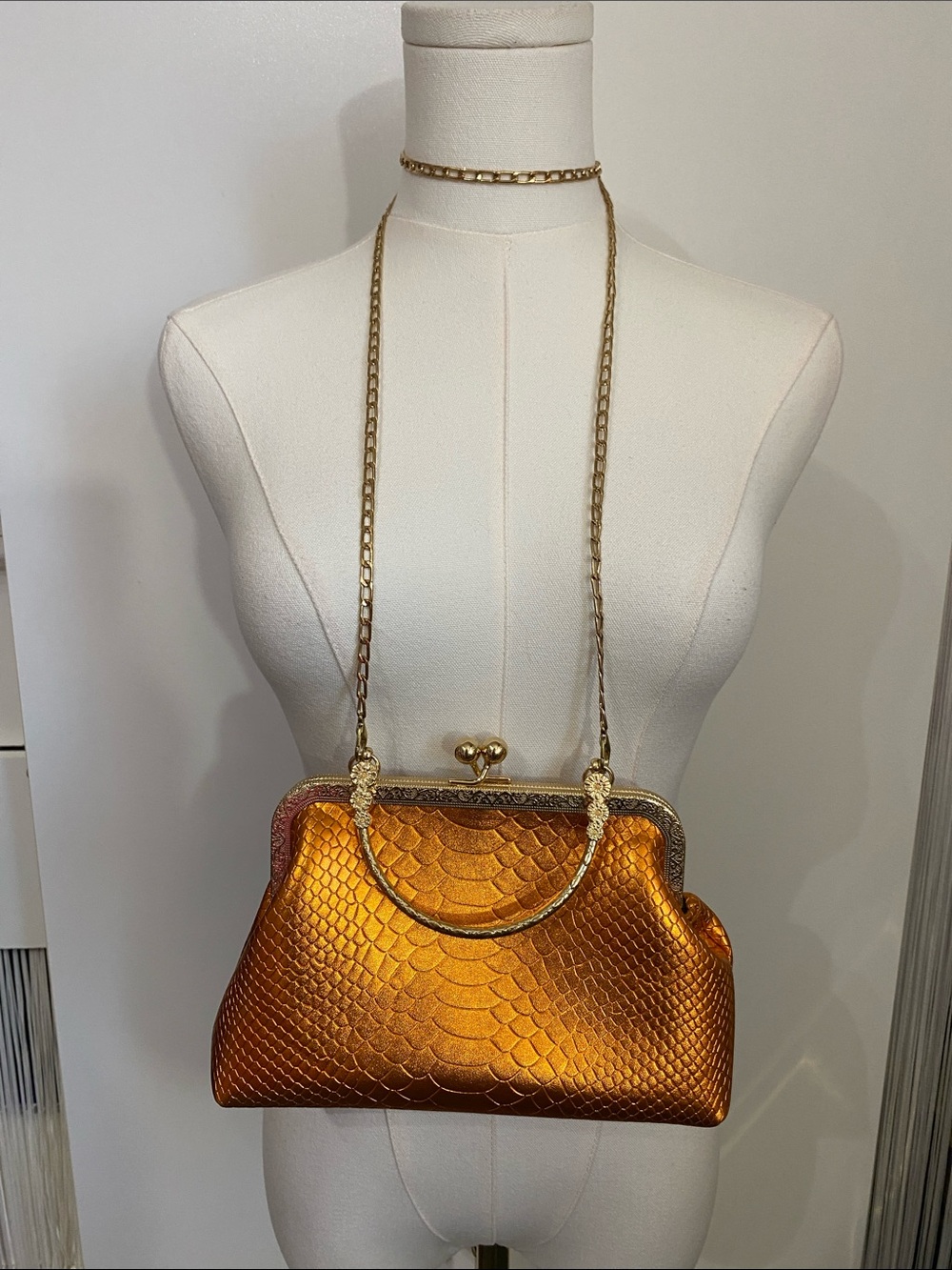 Metallic Orange Copper Kiss Lock Croc Embossed Bag